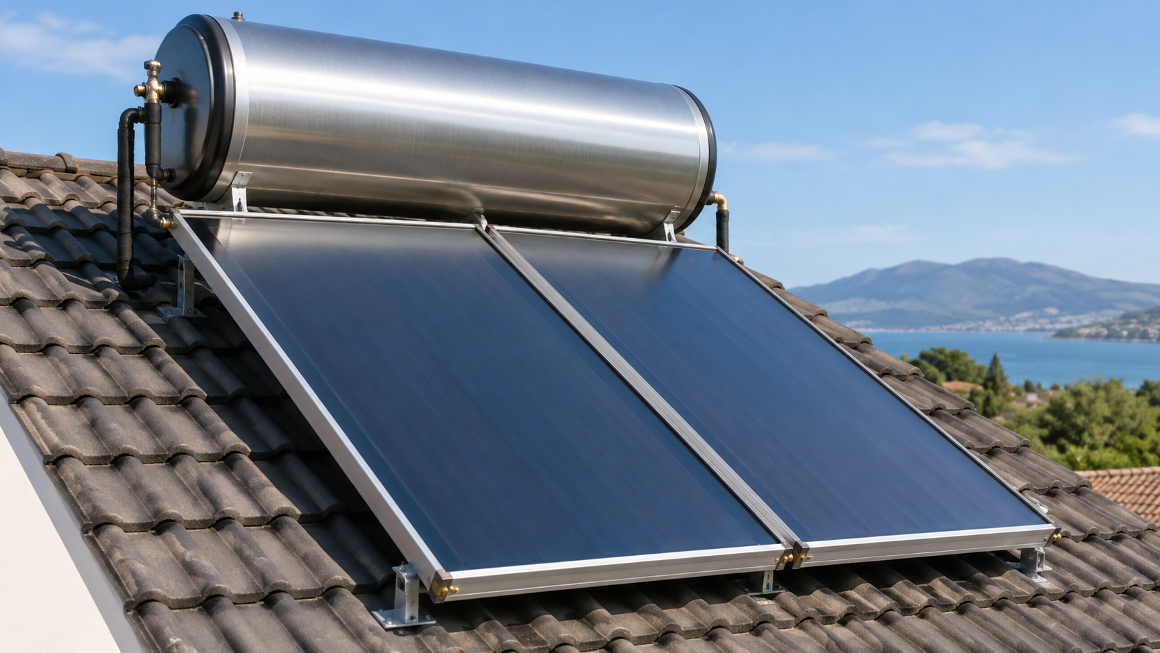 Roof-mounted thermosyphon solar water heater with a horizontal tank above flat plate collectors