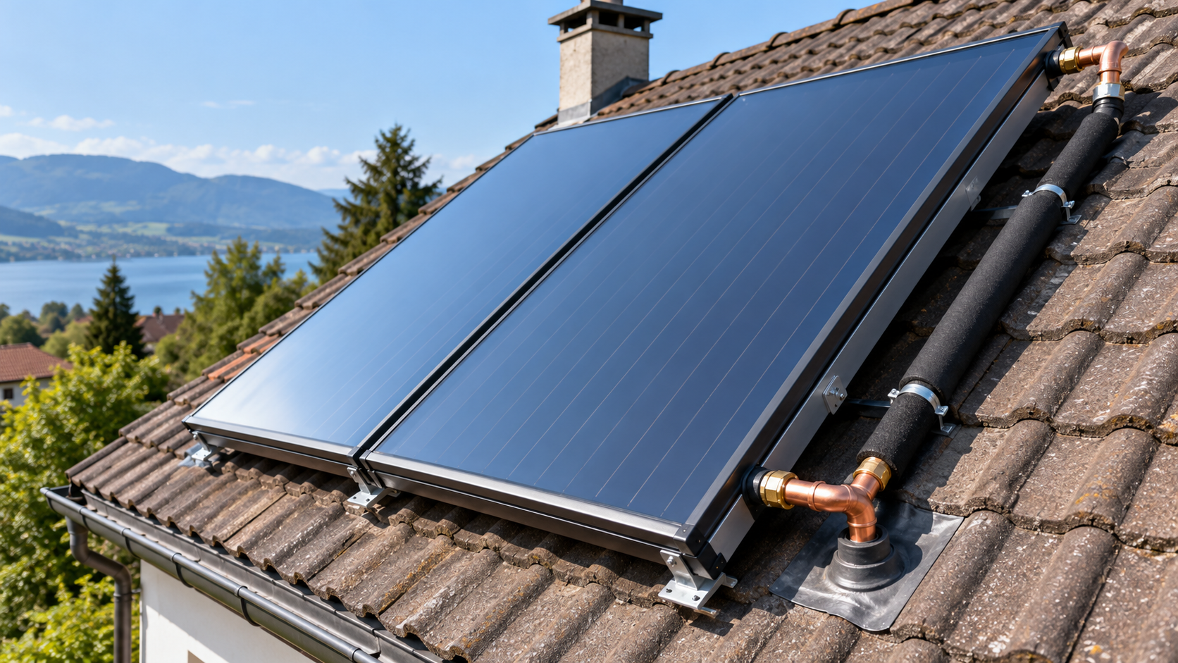 Flat plate solar collectors on a pitched roof with insulated copper flow and return pipes