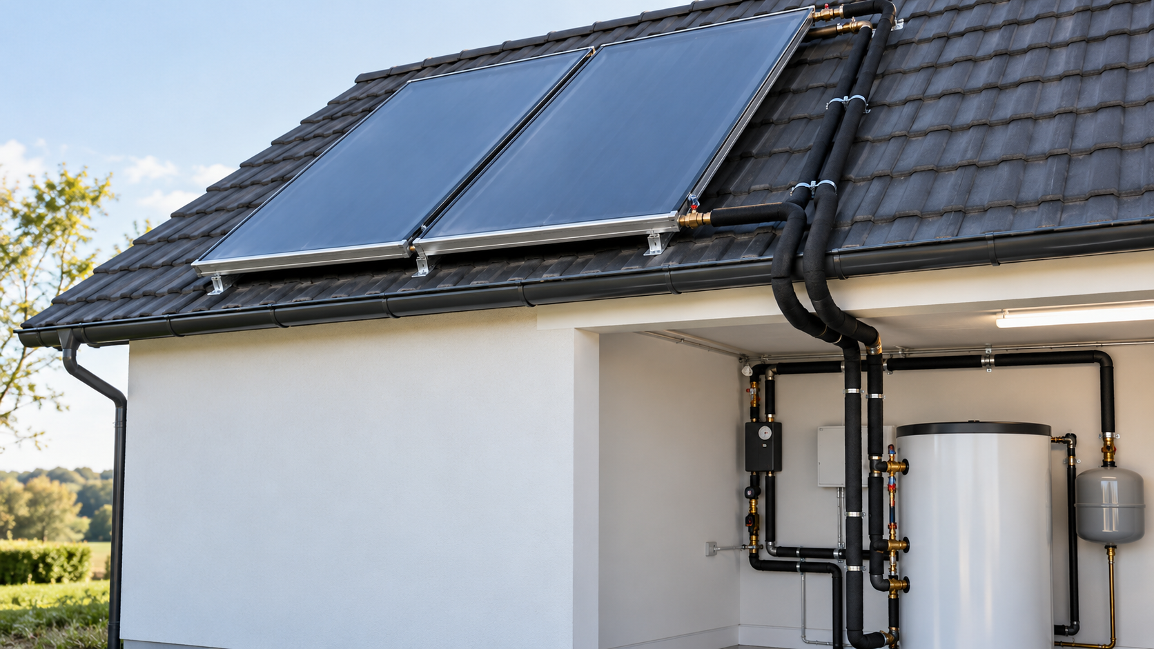 Split solar water heating installation with collectors on the roof and an insulated pipe run to an indoor tank