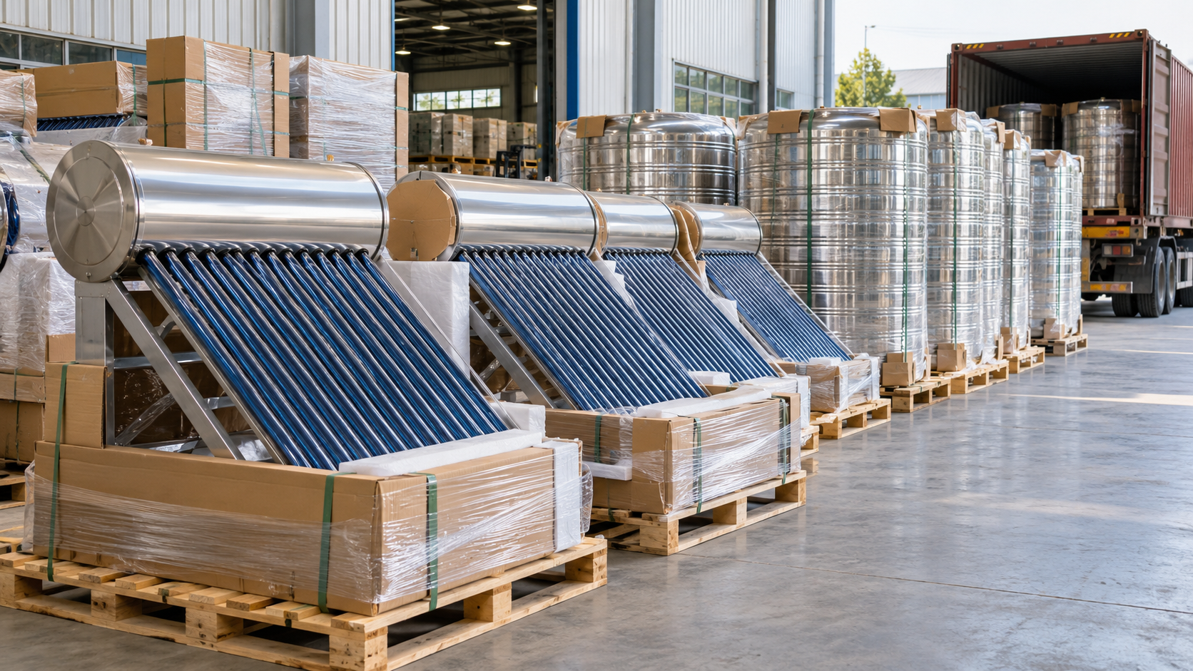 Solar water heater systems and tanks packed for export in a factory shipping area