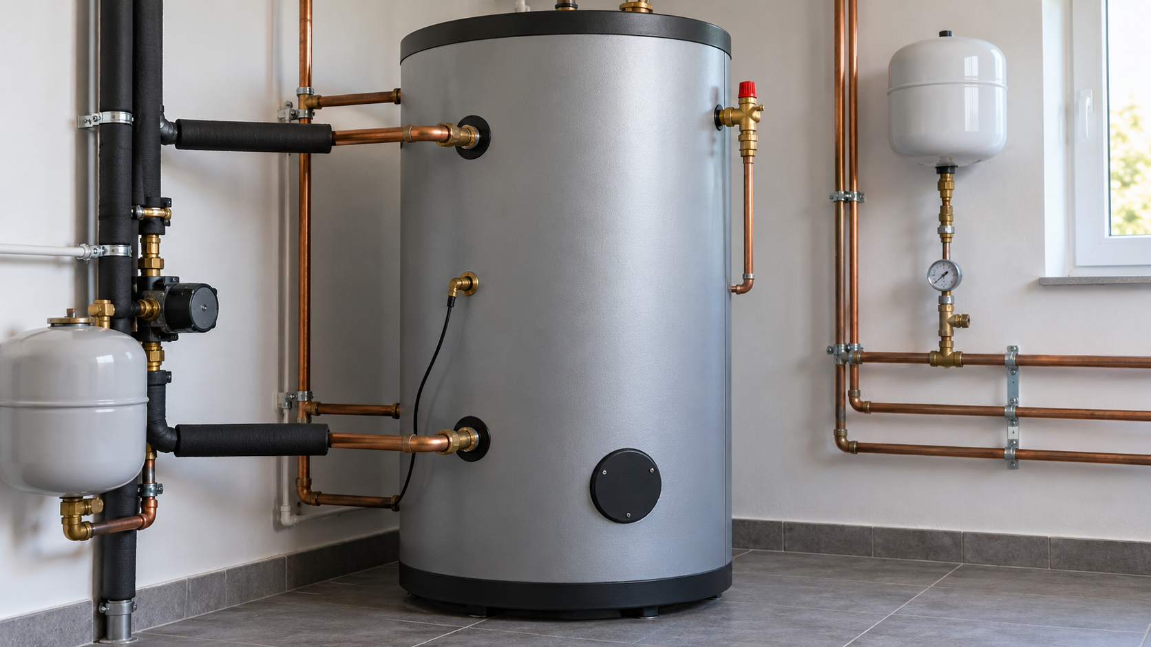 Indoor vertical solar storage tank with coil connections, sensor pocket and TP valve