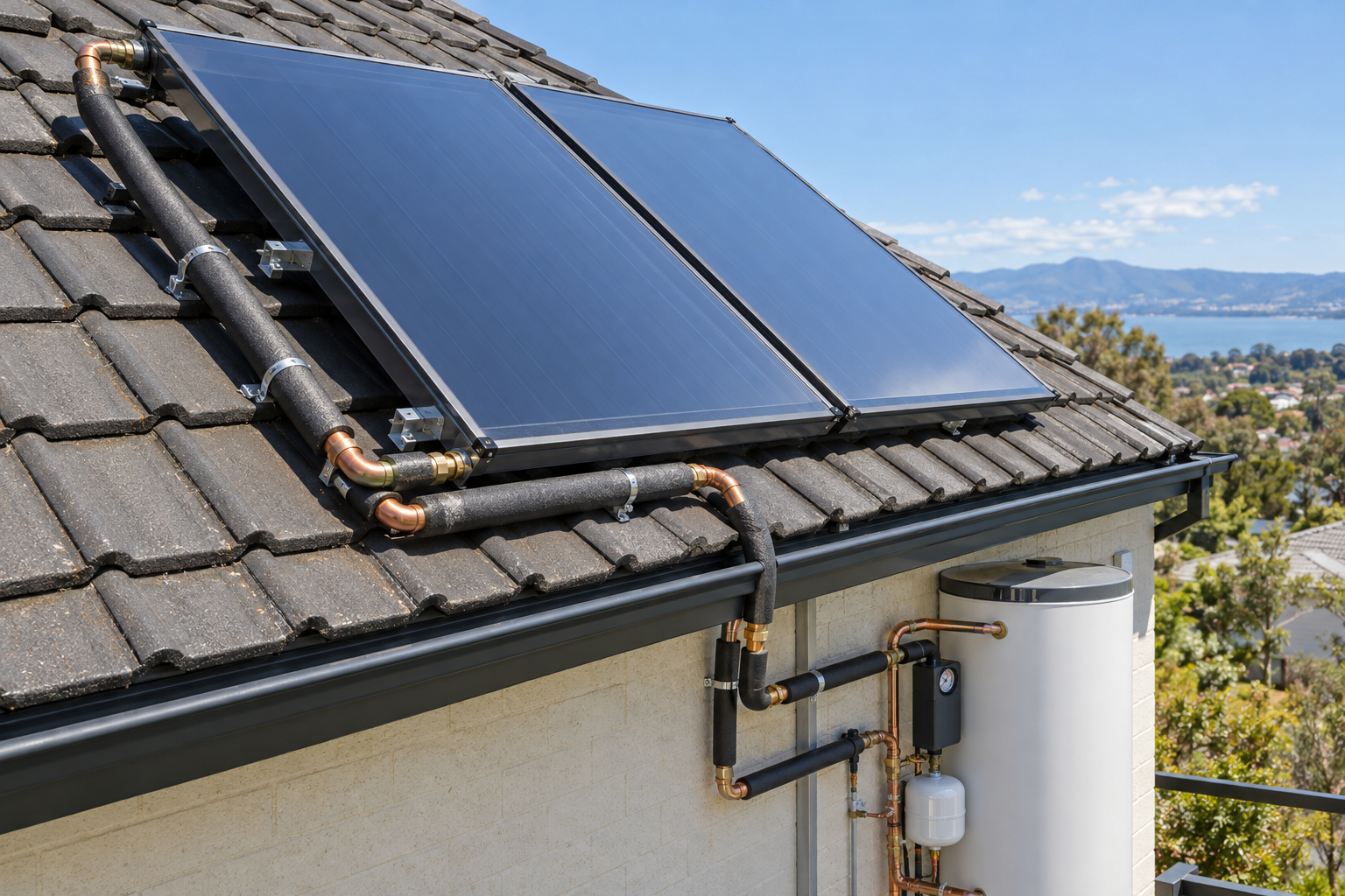 Flat plate solar collectors on a pitched roof with insulated copper flow and return pipes