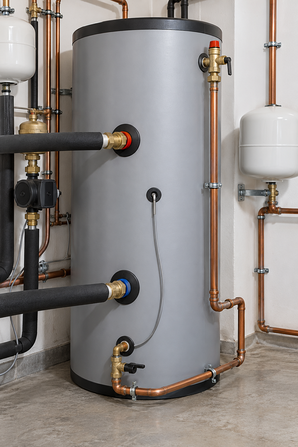 Indoor vertical solar storage tank with coil connections, sensor pocket and TP valve