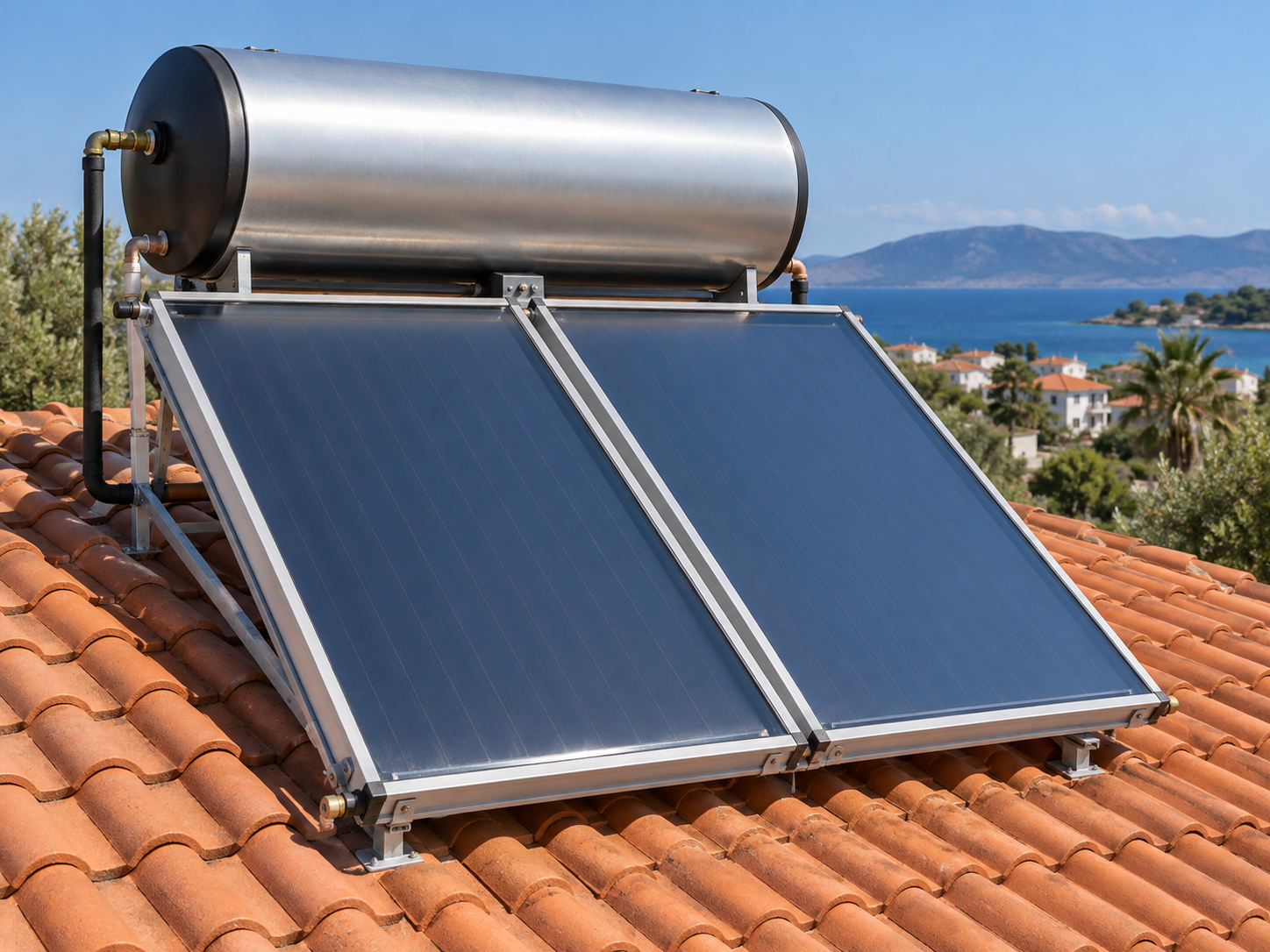 Roof-mounted thermosyphon solar water heater with a horizontal tank above flat plate collectors