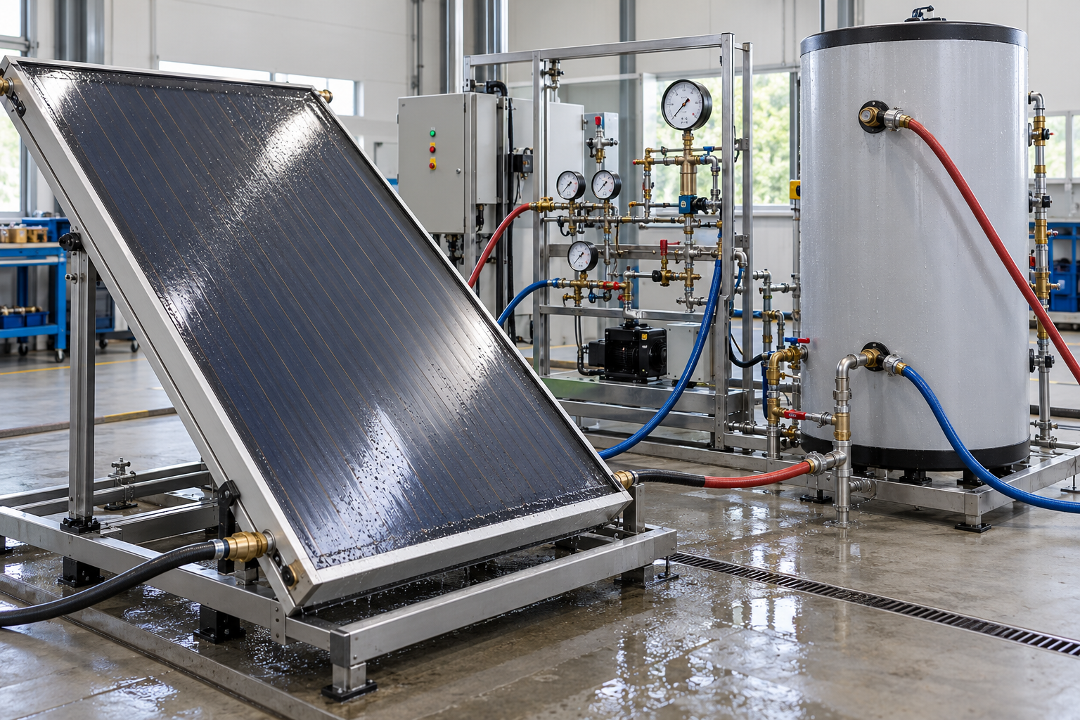 Pressure test bench for solar collectors and water tanks in a factory test area