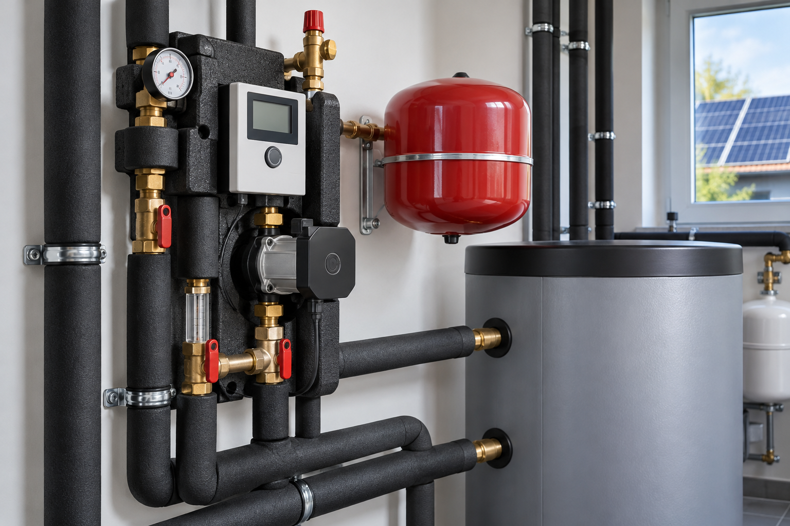 Solar pump station with differential controller, pressure gauge and expansion vessel ready for a split system