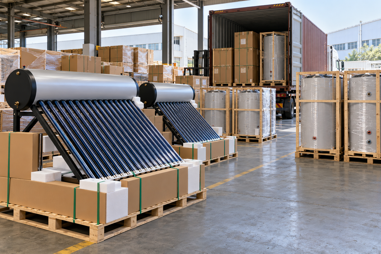 Solar water heater systems and tanks packed for export in a factory shipping area