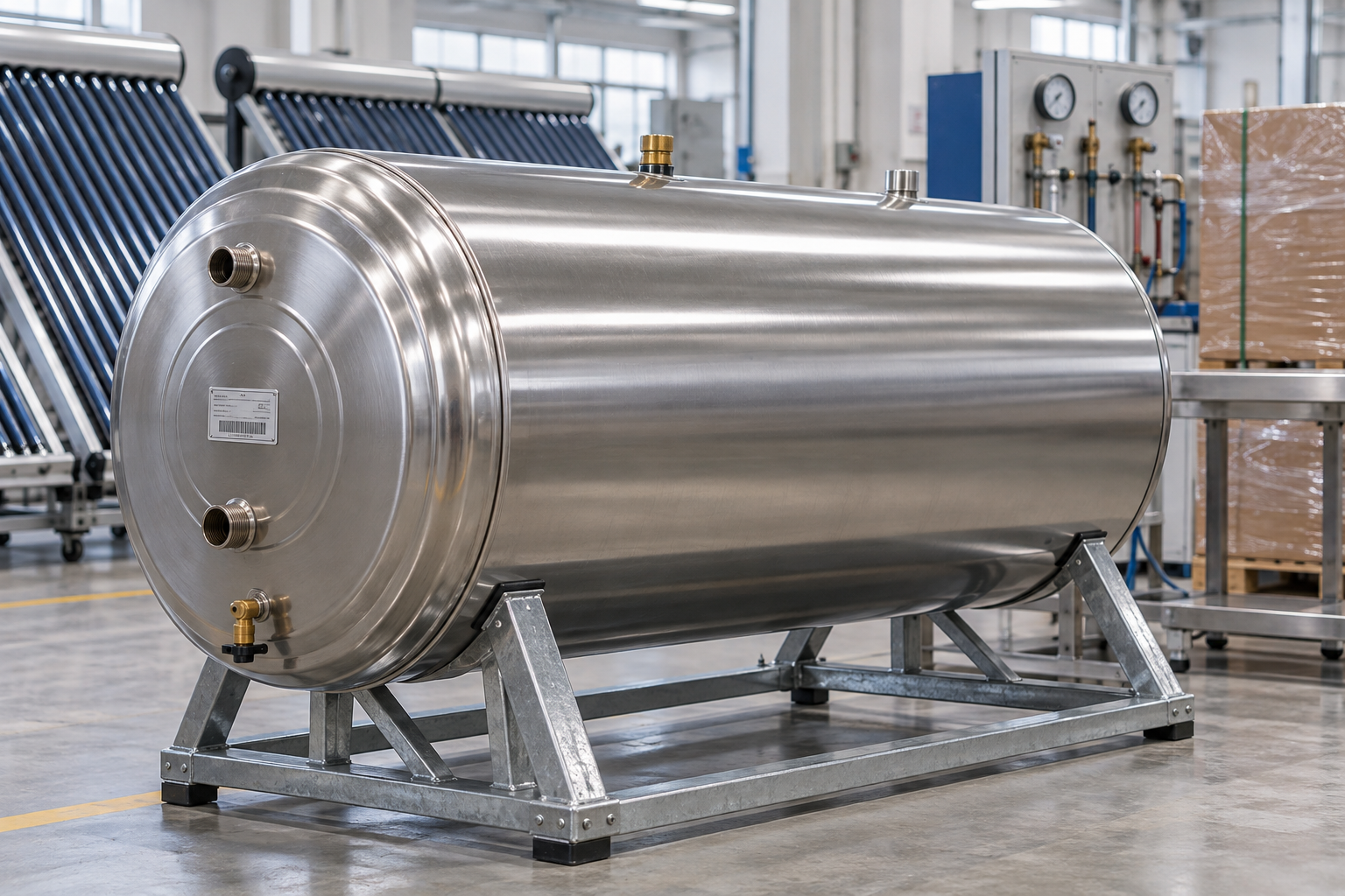 Solar water tank with serial number label ready for pressure test and packing