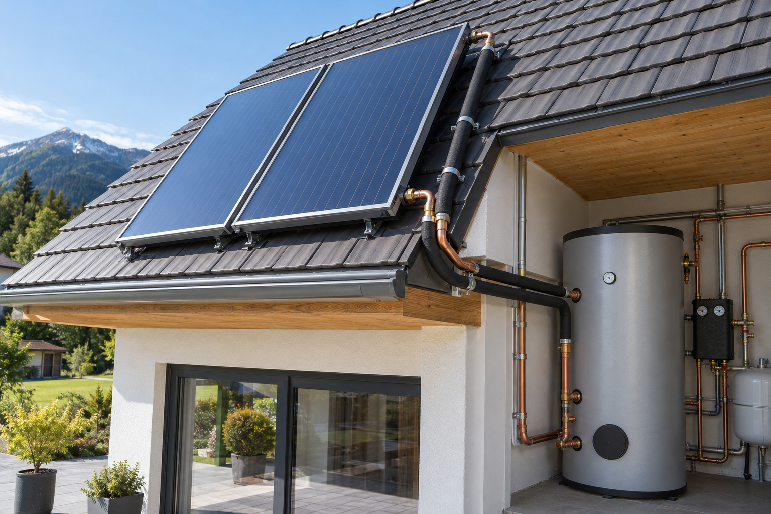Split solar water heating installation with collectors on the roof and an insulated pipe run to an indoor tank